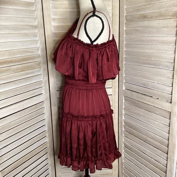 Misa Los Angeles Lucien Burgundy Satin One Sleeve Tiered Mini Dress M - Picture 7 of 11